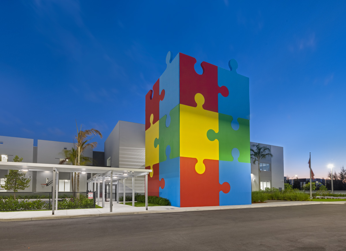 Architectural dusk view of the South Florida Autism Charter School  in Miami FL.